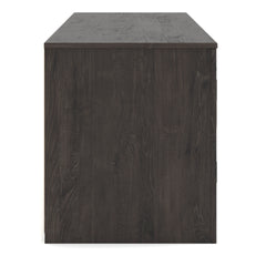 Black TV stand with side cabinets and center shelf, product view 4 - 4