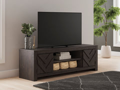 Black TV stand with side cabinets and center shelf, product view 6 - 6
