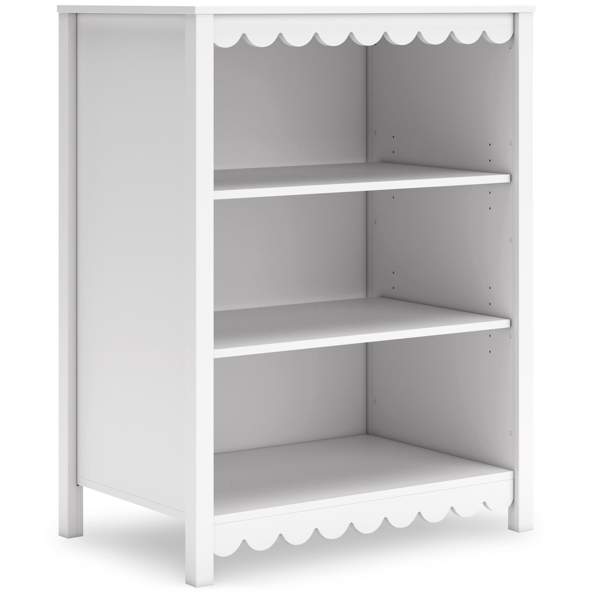 White, complete scalloped bookcase, angled view