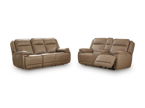 Sahara Leather-Match Power Reclining Sofa and Loveseat Set