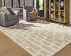 Tan/Brown/White 94" x 118.5", room view; furniture excluded - 2
