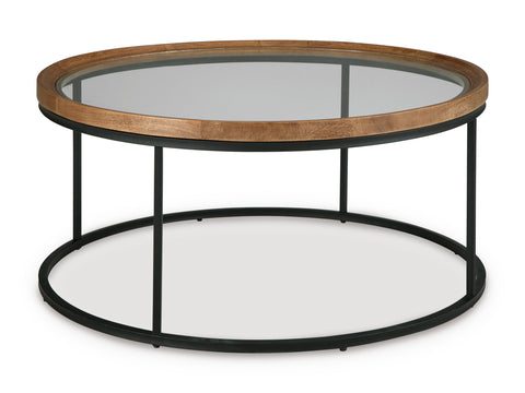Medium Brown Round Glass Coffee Table with Black Steel Base