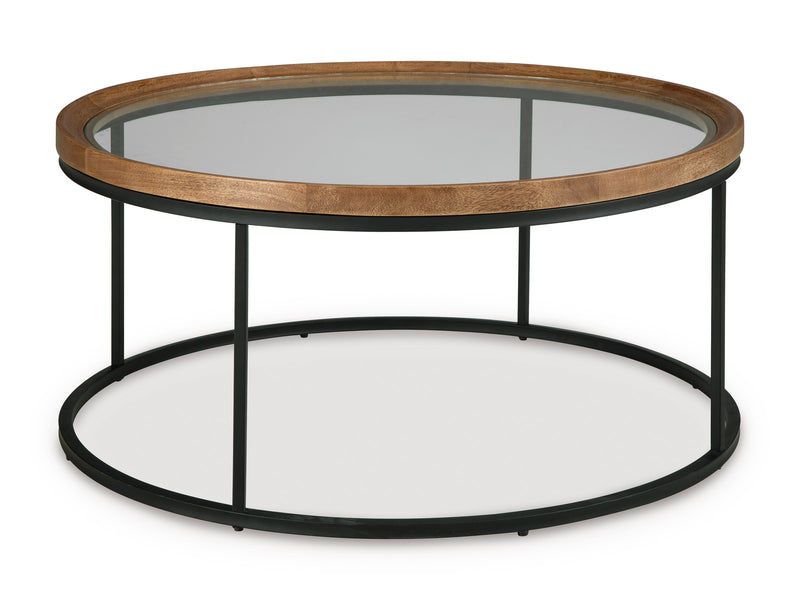 Medium Brown Round Glass Coffee Table with Black Steel Base