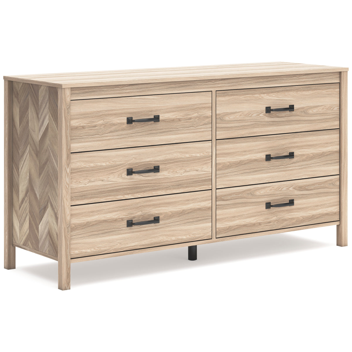 Tan, complete six-drawer dresser, angled view