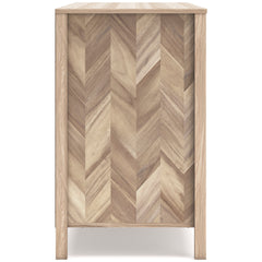 Tan, chevron side view of dresser - 4