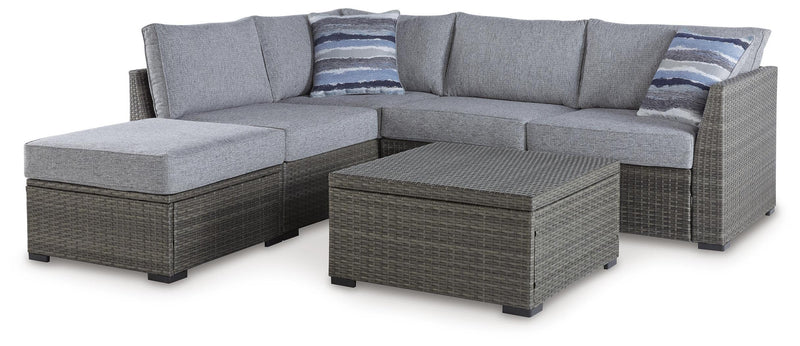 Gray Wicker Outdoor Sectional, Ottoman and Storage Table Set