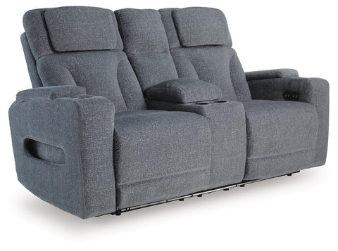 Performance Upholstered Power Reclining Loveseat with Console in Steel