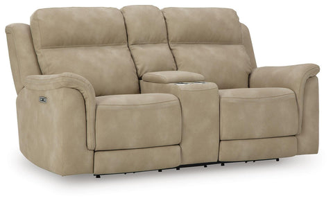 Water-Repellent Power Reclining Loveseat with Console in Sand or Slate