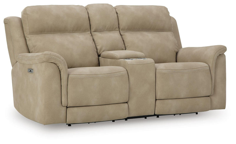 Water-Repellent Power Reclining Loveseat with Console in Sand or Slate