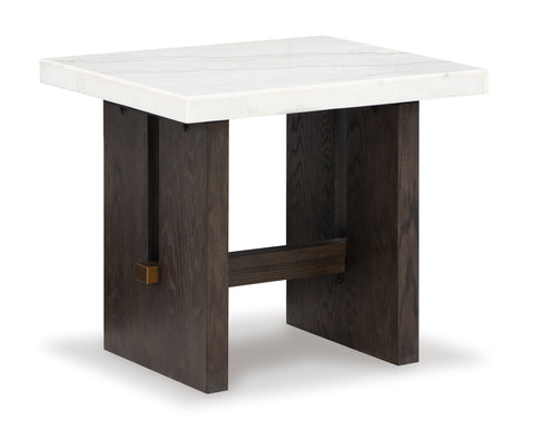 White Marble and Dark Brown Rectangular End Table