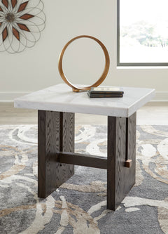 White/Dark Brown marble top end table with plinth base, product view 5 - 5