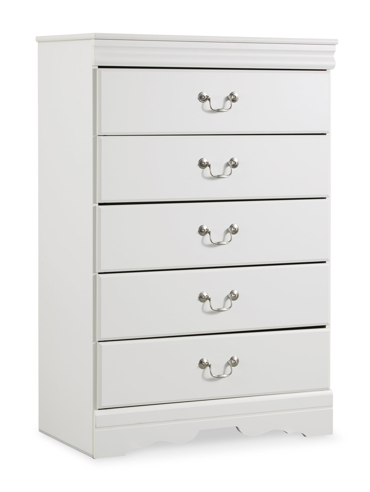 White, complete five-drawer chest on white background