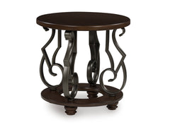 Dark Brown round end table with scroll metal legs, full product view - 1