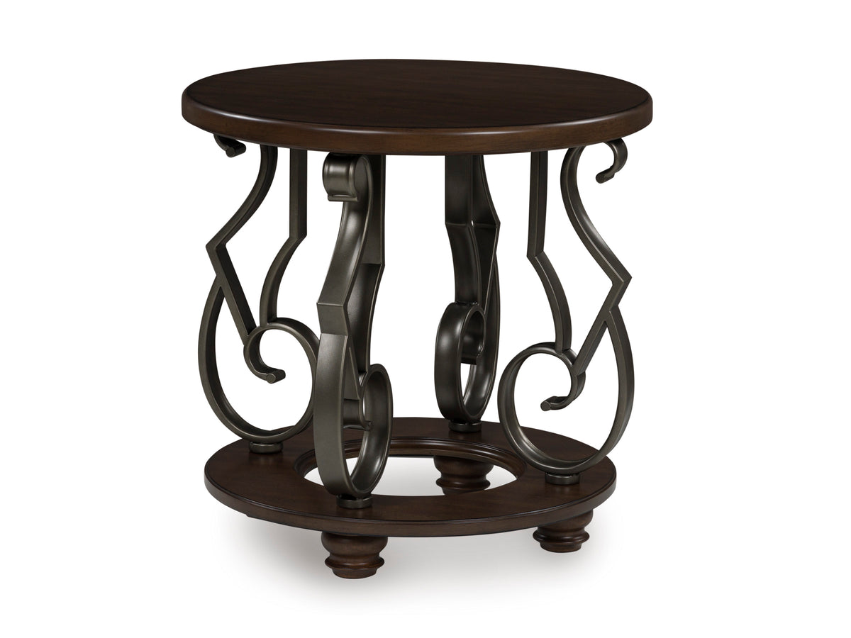 Dark Brown round end table with scroll metal legs, full product view