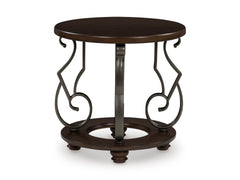 Dark Brown round end table with scroll metal legs, product view 2 - 2