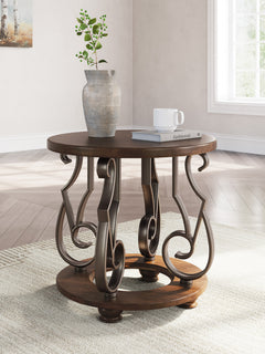 Dark Brown round end table with scroll metal legs, product view 4 - 4
