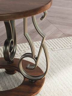 Dark Brown round end table with scroll metal legs, product view 5 - 5