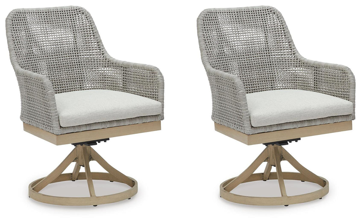 Gray, complete pair of swivel dining chairs