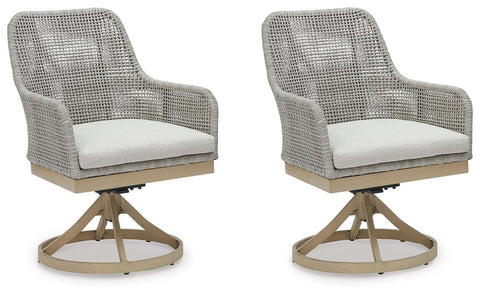 Gray Wicker Outdoor Swivel Dining Armchairs with Cushions, Set of 2
