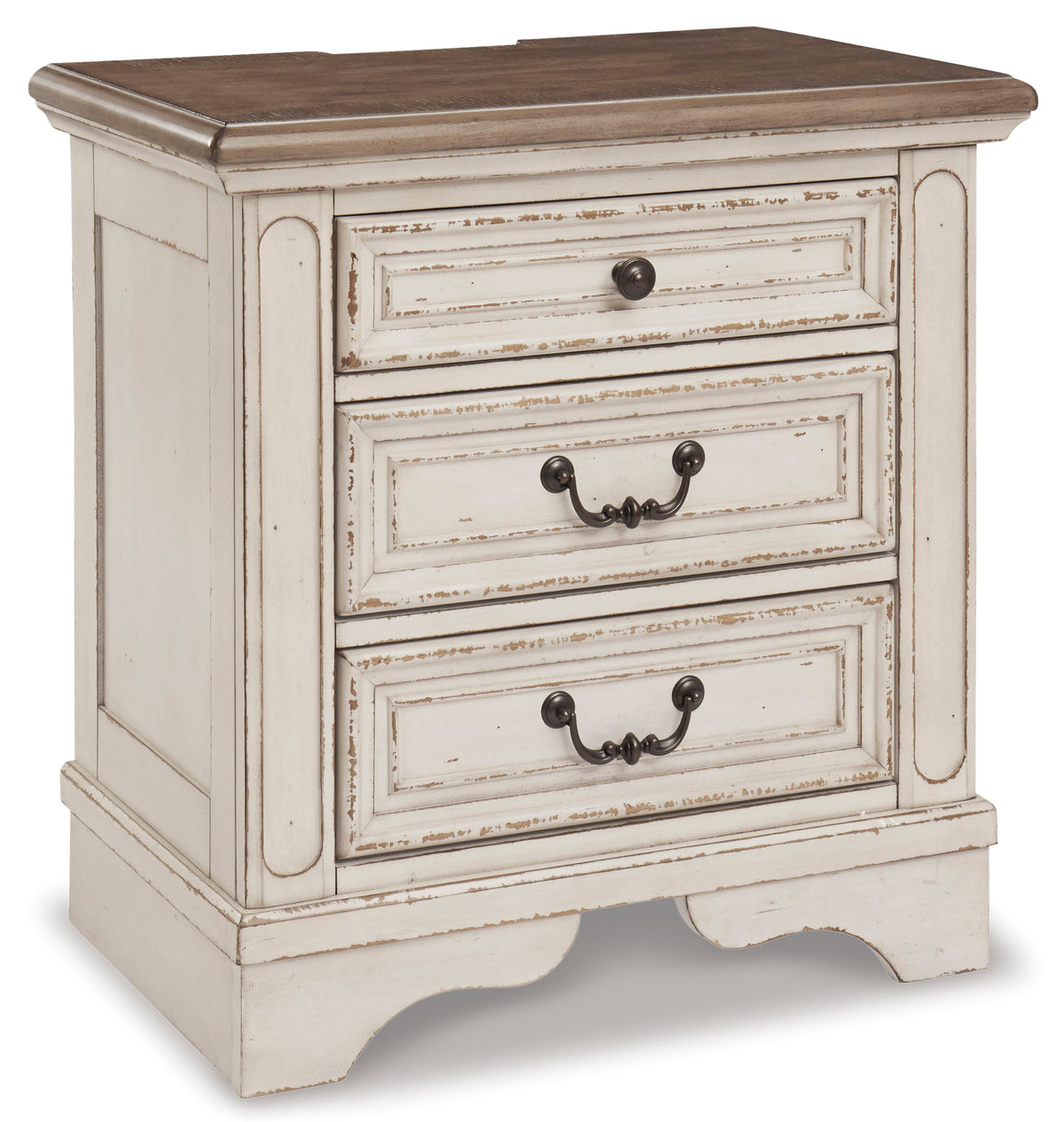 Two-tone, complete three-drawer nightstand, angled view