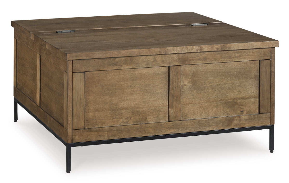 Brown square lift top storage coffee table, full product view