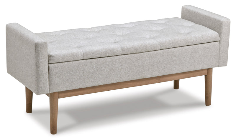 Beige Tufted Storage Bench with Light Brown Wood Legs