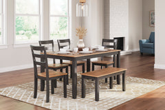 Natural/Brown / 6-Piece Dining Set: Table + 4 Chairs + Bench, product view 6; includes 1 table, 4 chairs, 1 bench; decorative accessories and other furniture excluded - 11