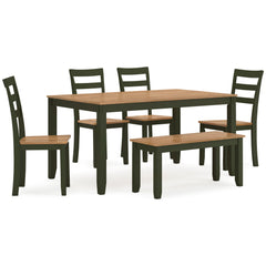 Natural/Green / 6-Piece Dining Set: Table + 4 Chairs + Bench, product view 1; includes 1 table, 4 chairs, 1 bench; decorative accessories and other furniture excluded - 12