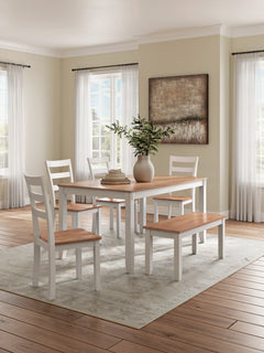Natural/White / 6-Piece Dining Set: Table + 4 Chairs + Bench, product view 1; includes 1 table, 4 chairs, 1 bench; decorative accessories and other furniture excluded - 17
