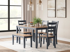 Natural/Blue / 6-Piece Dining Set: Table + 4 Chairs + Bench, product view 5; includes 1 table, 4 chairs, 1 bench; decorative accessories and other furniture excluded - 5