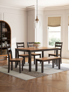 Natural/Brown / 6-Piece Dining Set: Table + 4 Chairs + Bench, product view 1; includes 1 table, 4 chairs, 1 bench; decorative accessories and other furniture excluded - 6