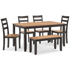 Natural/Brown / 6-Piece Dining Set: Table + 4 Chairs + Bench, product view 2; includes 1 table, 4 chairs, 1 bench; decorative accessories and other furniture excluded - 7