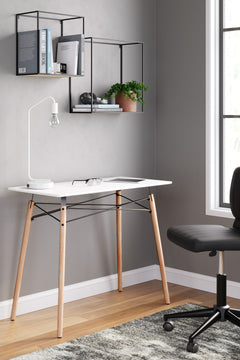 White and natural wood compact desk, styled workspace; chair and accessories not included - 10